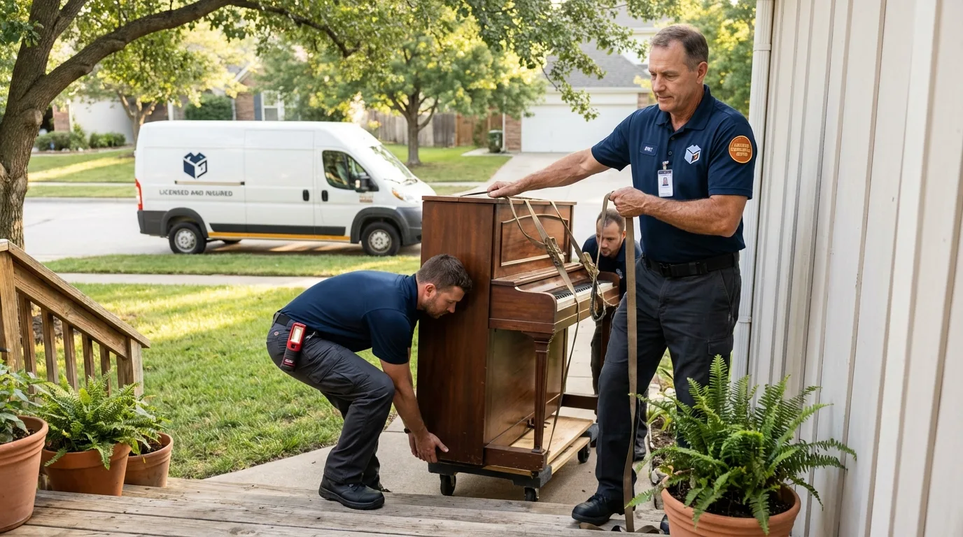 Licensed piano movers securing grand piano in Libby, MT